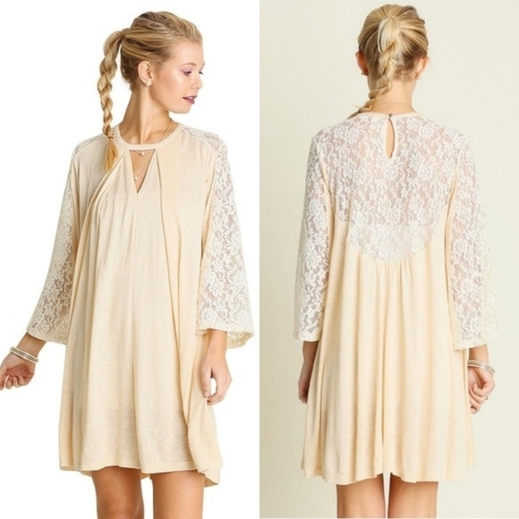 𝅺UMGEE USA Cream Lace Bell Sleeve Keyhole Pleated Bust Boho Midi Dress Small - Picture 1 of 11